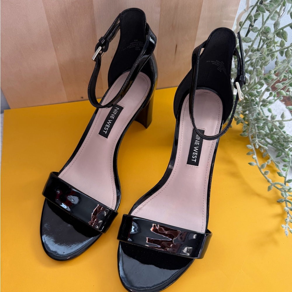 Nine West Pruce Ankle Strap Block Heel Sandal in Black Patent Leather PU
